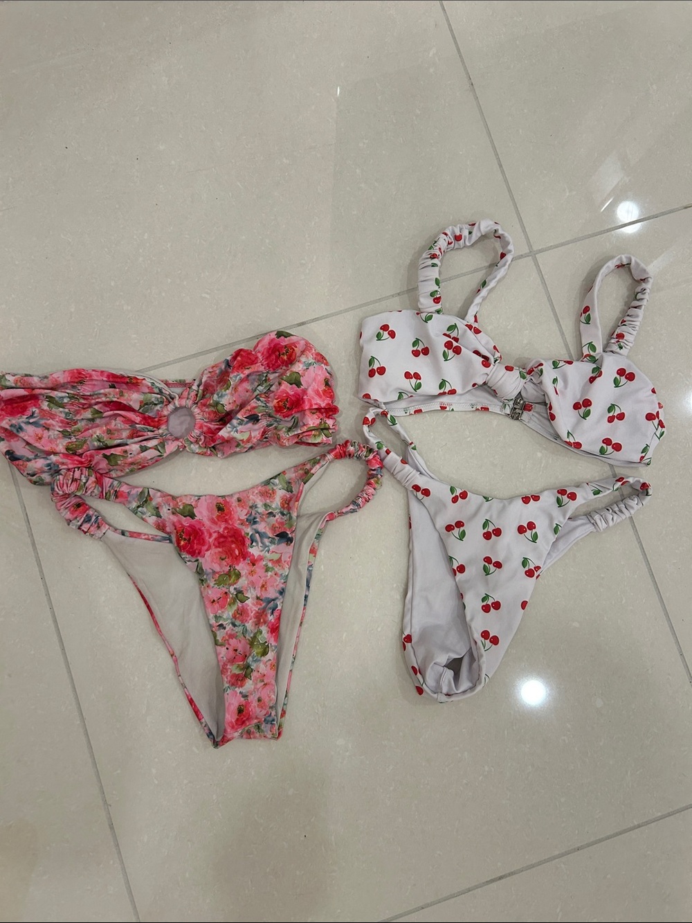 Women’s Floral & Cherry Print Bikini Set - White/Red and Pink Floral